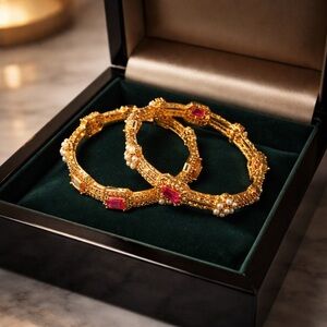 Gold-Plated Red Stone & Pearl Bangle Set - Women Jewelry